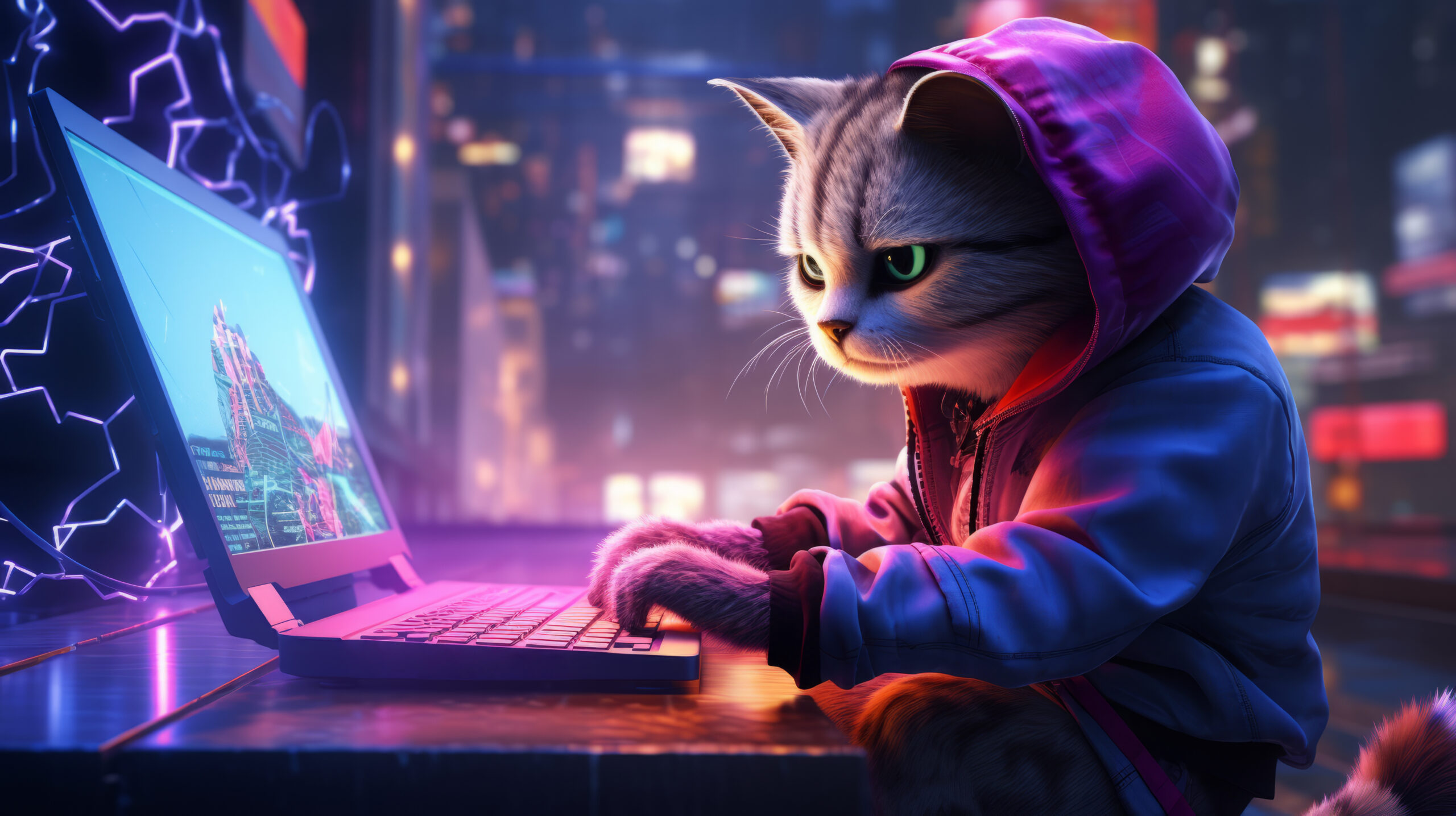 Неоновый кот за монитором